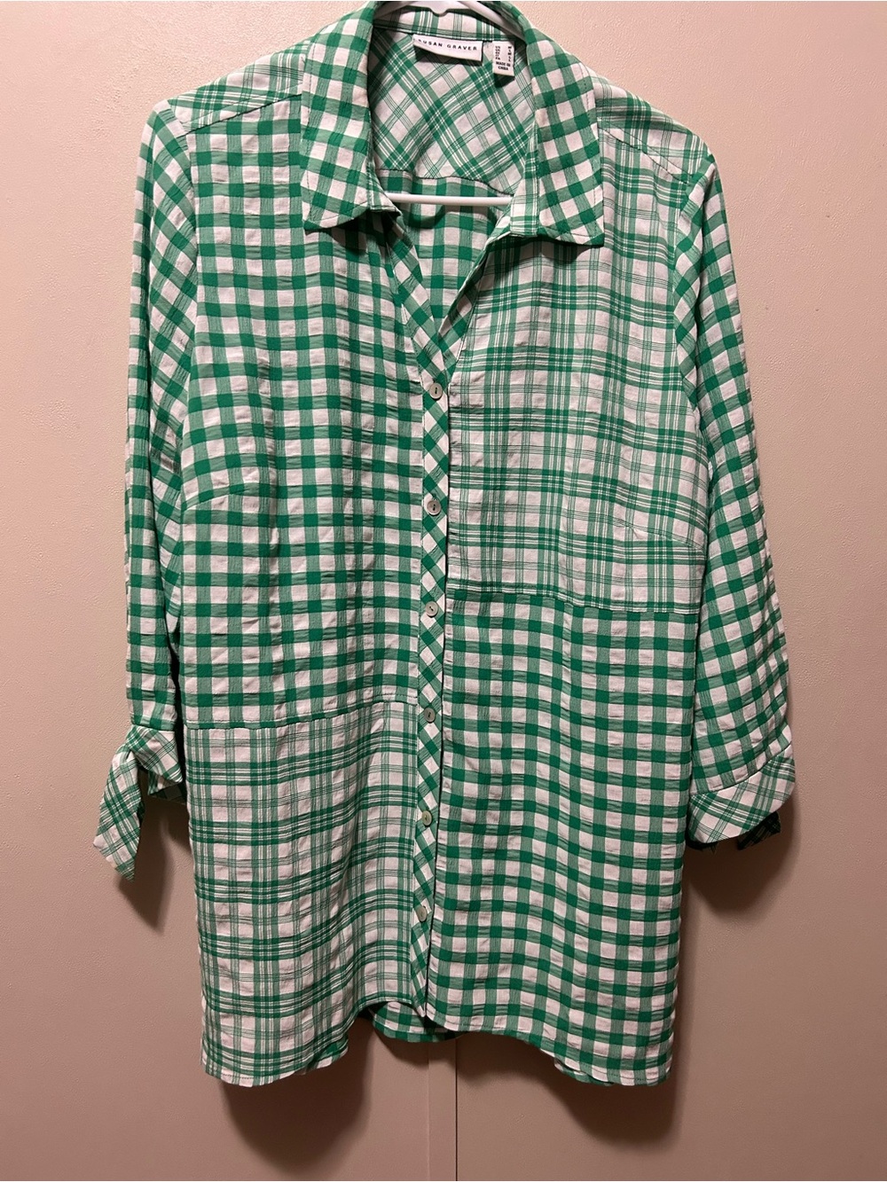 Susan Graver Green and White Gingham Button-Up Shirt